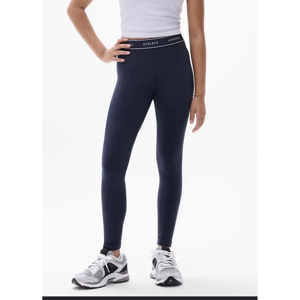 NWT Athleta Girls M 8-10 High Rise Chit Chat Logo Leggings Navy Blue Athletic